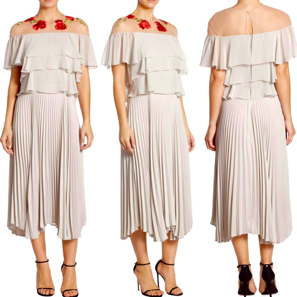 Delfi Collective Paloma Rose Tiered Pleated Illusion Formal Dress Beige Size XS